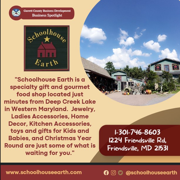 Todays Business Spotlight 📣 is on School House Earth! 
Visit them at www.schoolhouseearth.com or Schoolhouse Earth
Follow us to see more daily Garrett County Business Spotlights!
If you are interested in having your business featured contact Connor Norman at cnorman@garrettcounty.org. #businessdevelopment #garrettcountymd